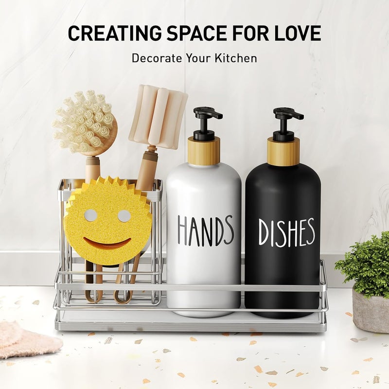 Moforoco Kitchen Dish Soap Dispenser Set, 16OZ Glass Bottle, Hand and Dish Soap Dispenser Set, Instant Dry Tray, Non-Slip Silicone Pad, Brush Holder with Smiley Face Sponge Holder, Kitchen Decor - Image 5